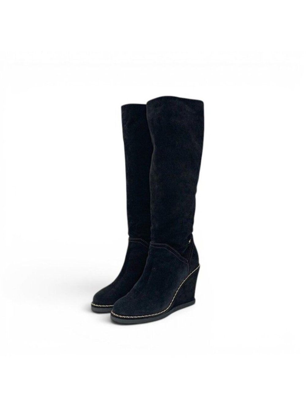 Chanel Boots Long Shoes Suede Black Gold CC Logo Chain Wedge Sole